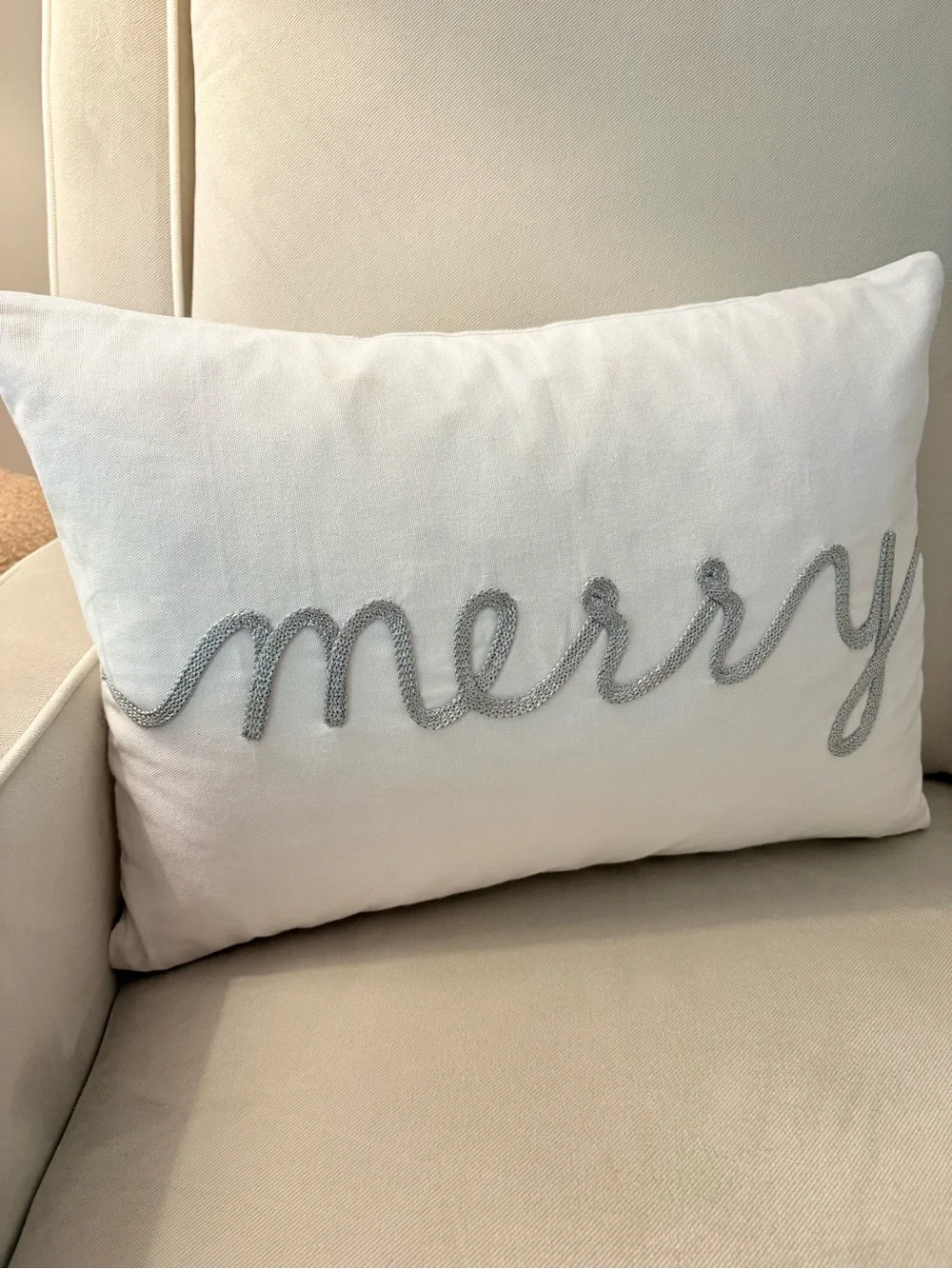 Merry Embroidered Holiday Lumbar Pillow - White